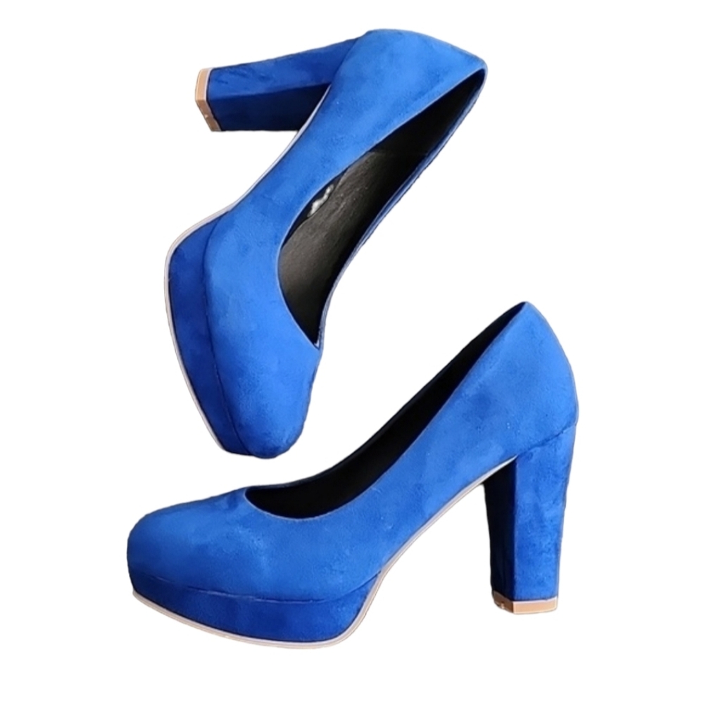 COBALT BLUE VEGAN SUEDE Platform Pumps 7.5 Heels Y2K Vibe Chunky Heel - Picture 3 of 16